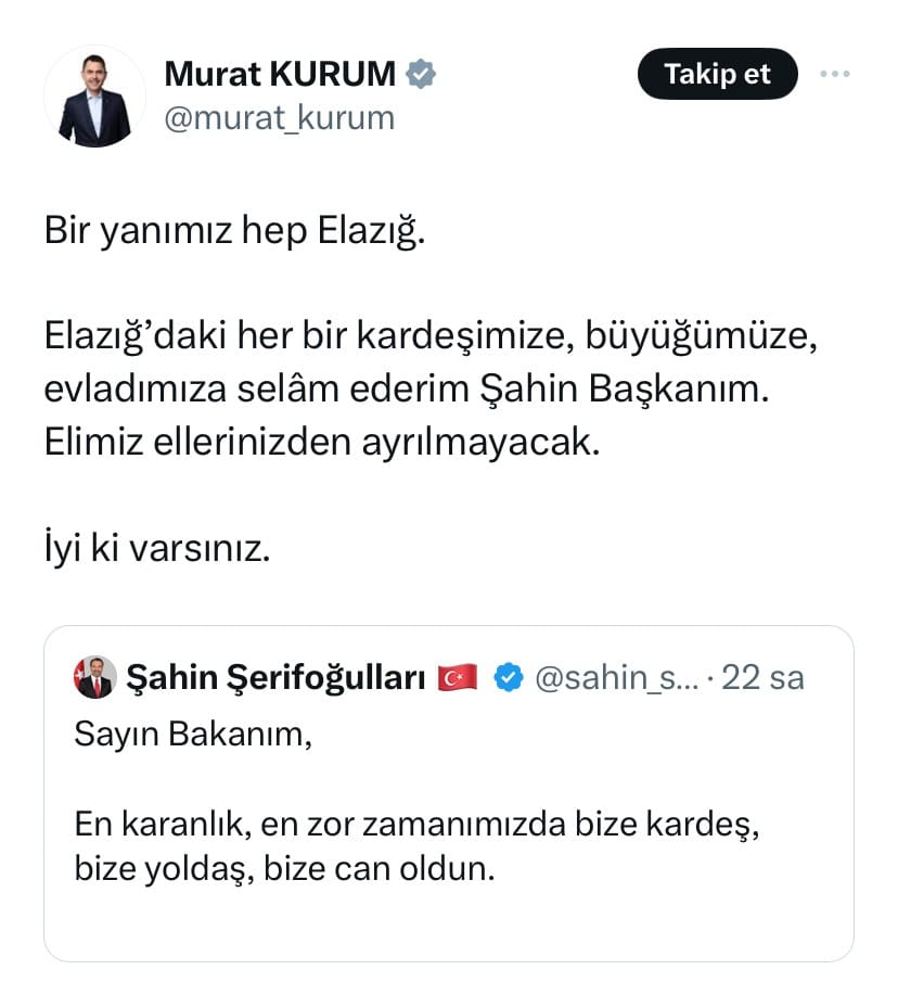 Başkan Şerifoğulları’ndan Murat Kurum’a: "Elazığ’dan koca yürekli Kara Murat’a selam olsun”