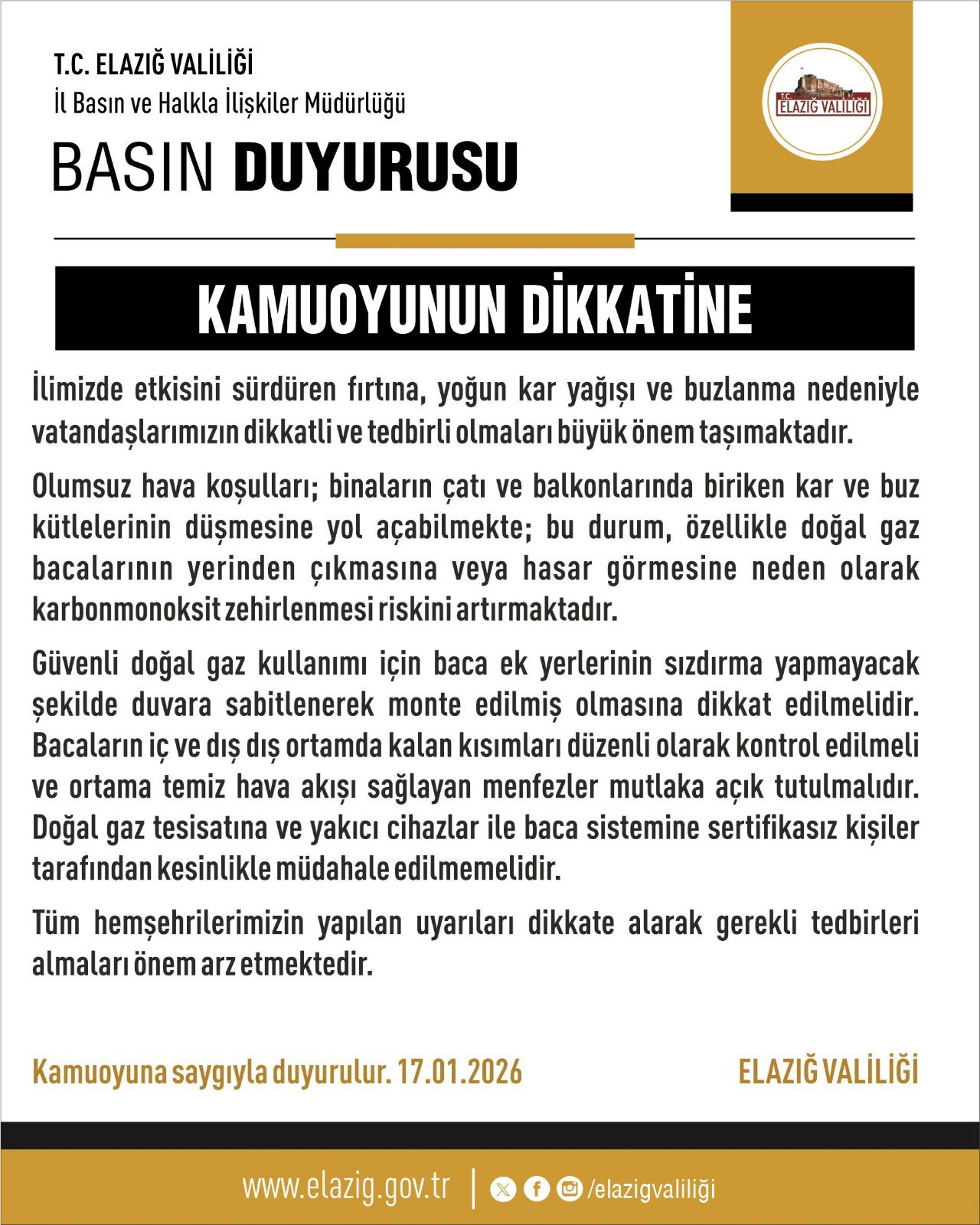 Elazığ Valiliği’nden Kritik Uyarı: Düşen Kar Kütleleri Doğalgaz Bacalarını Vurabilir!