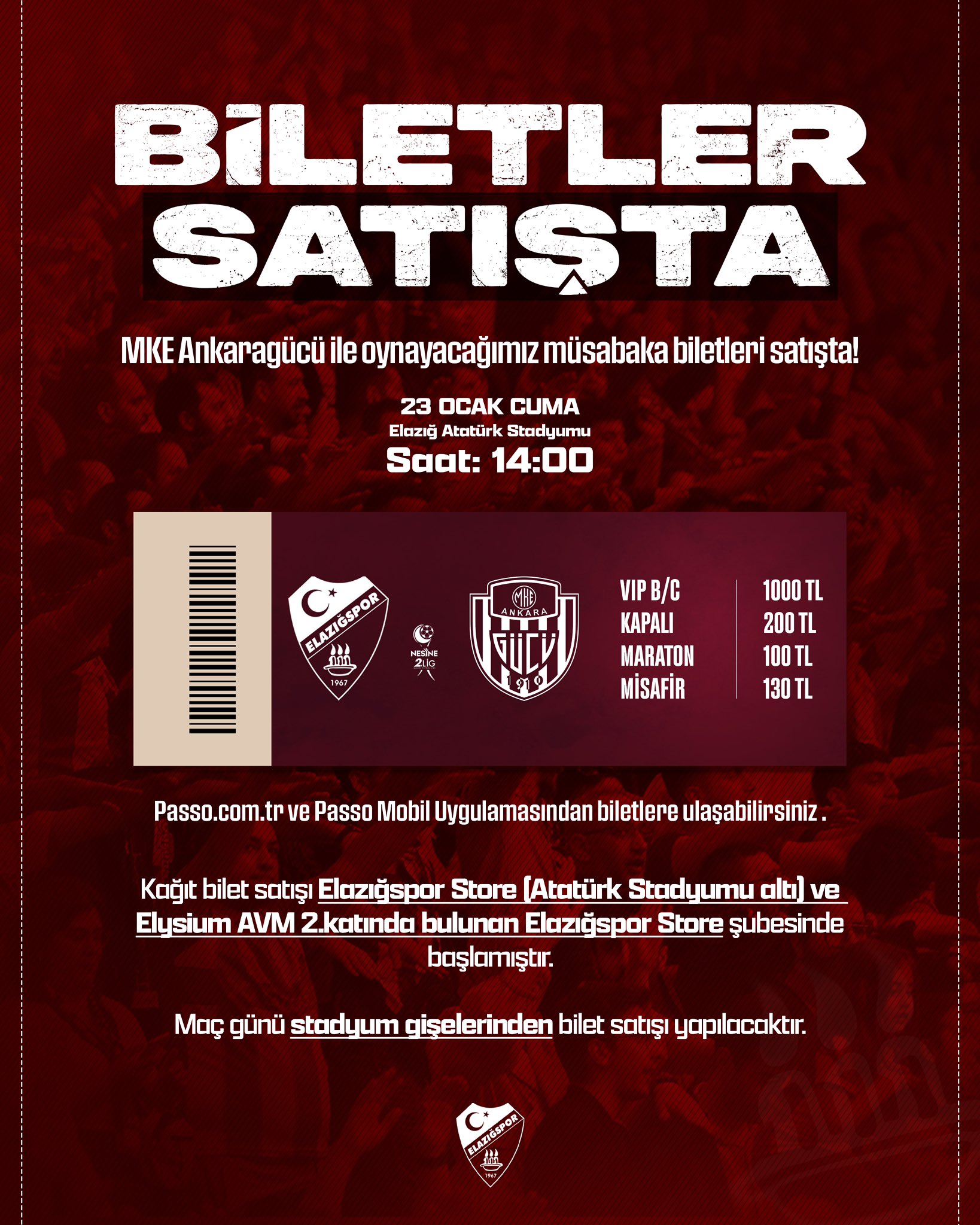 Elazığspor - Ankaragücü Maçının Biletleri Satışa Çıktı! İşte Bilet Fiyatları!