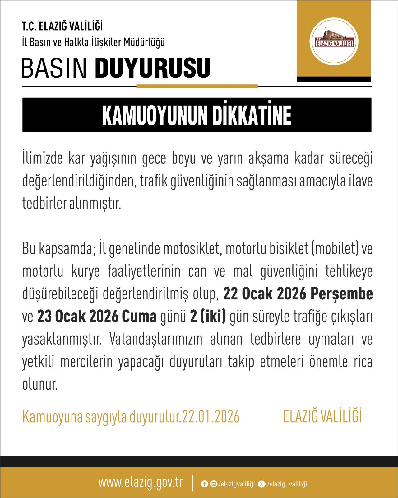 Elazığ’da Kar Alarmı: Valilikten Motosiklet ve Kuryelere 2 Gün Yasak!