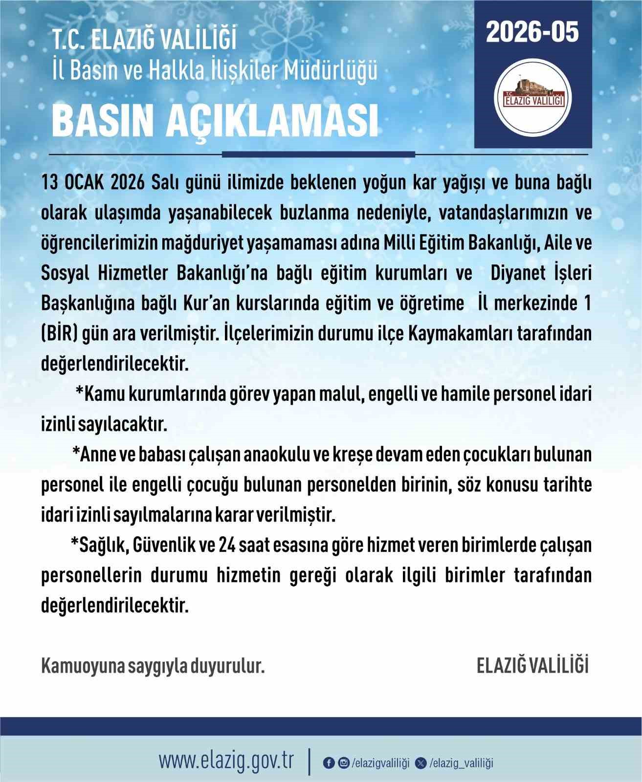 Elazığ Valiliği Son Dakika Duyurdu: Yoğun Kar Yağışı Nedeniyle 13 Ocak'ta Okullar Tatil Edildi!