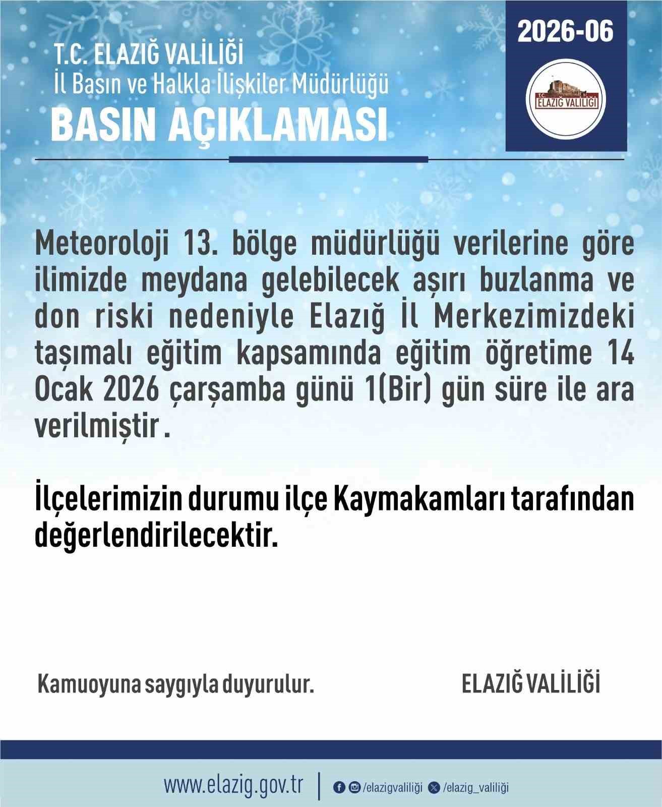 Elazığ'da Merkez ve 6 İlçede Taşımalı Eğitime 1 Gün Ara Verildi!