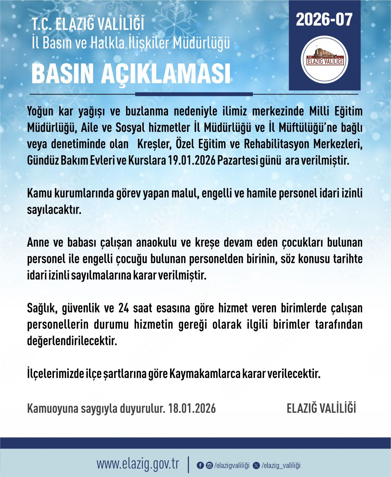 Elazığ Valiliği Duyurdu: Kar Nedeniyle Eğitime Ara Verildi, Personele İdari İzin Çıktı!
