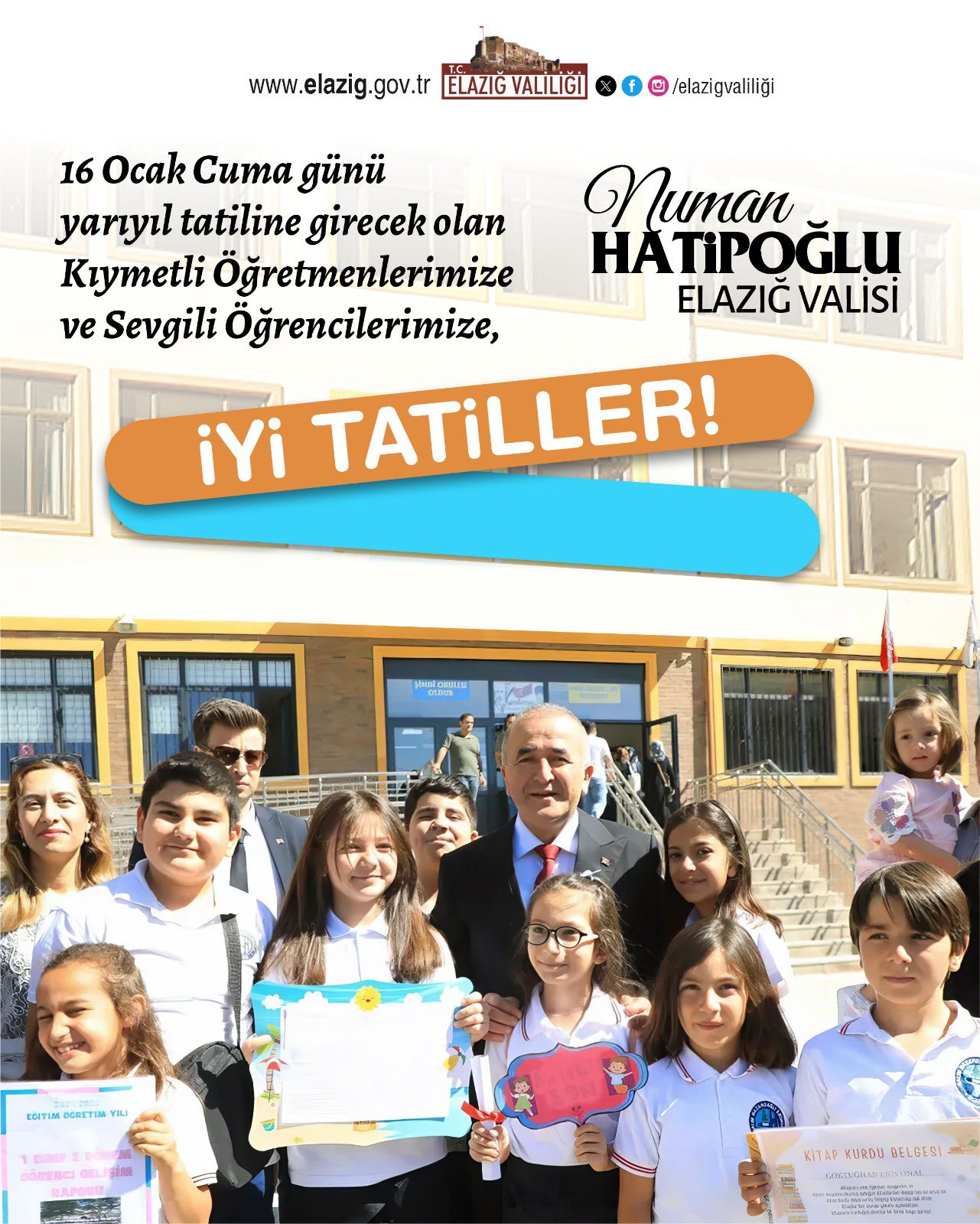 Elazığ Valisi Hatipoğlu’ndan Öğrencilere Yarıyıl Mesajı: "Karneleriniz Azminizin Yansımasıdır"