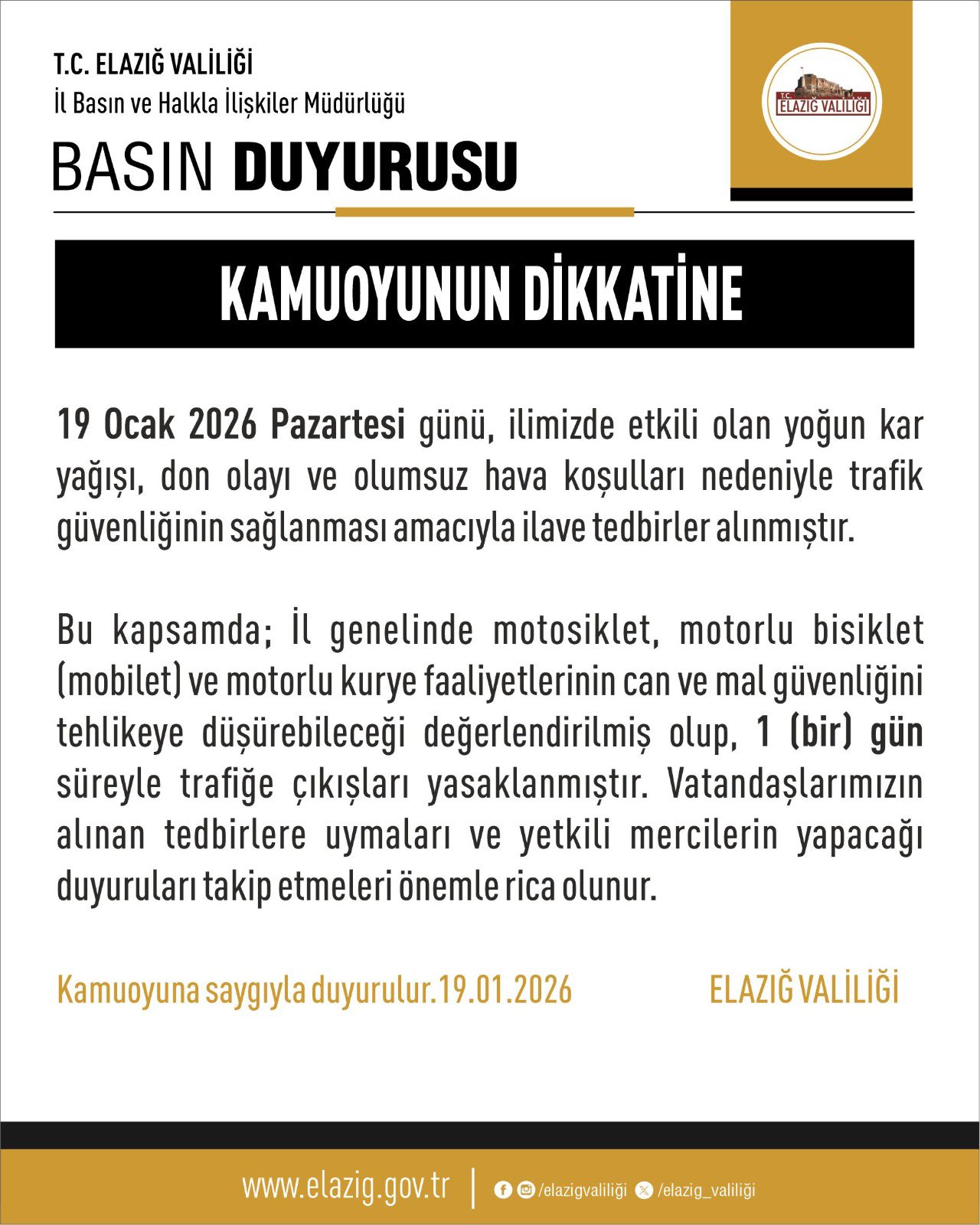 Elazığ Valiliği Duyurdu: Yoğun Kar Yağışı Nedeniyle Motosiklet ve Kuryelere Yasak Geldi!