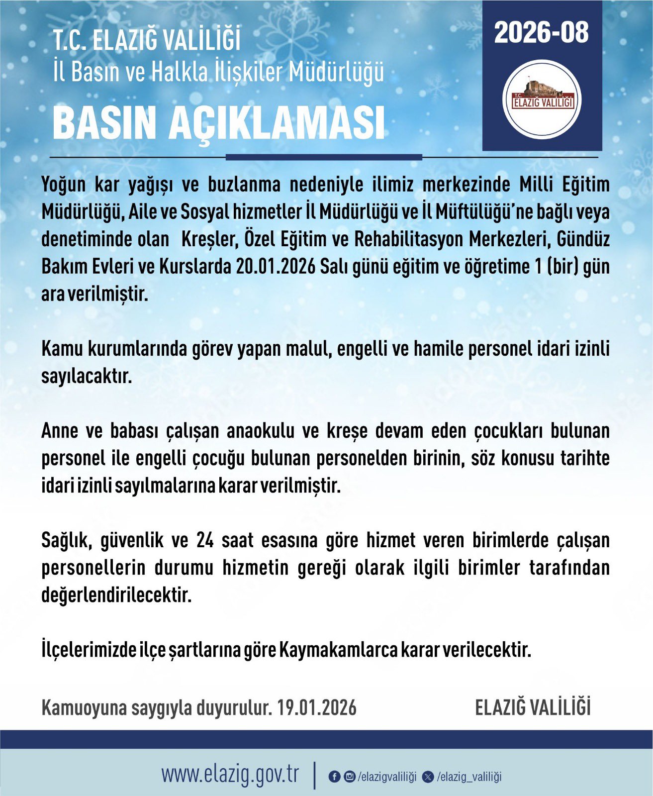 Elazığ Valiliği’nden Son Dakika: Kar Tatili Uzadı, Eğitime 1 Gün Daha Ara Verildi!