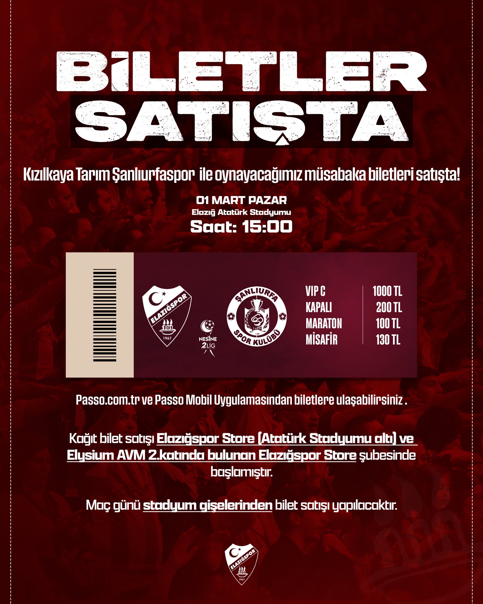 Elazığspor Şanlıurfaspor Maç Biletleri Satışa Çıktı Fiyatlar ve Ücretsiz Tribün Belli Oldu