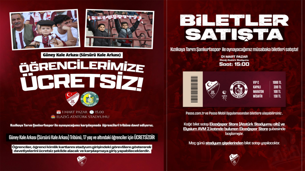 Elazığspor Şanlıurfaspor Maç Biletleri Satışa Çıktı Fiyatlar ve Ücretsiz Tribün Belli Oldu